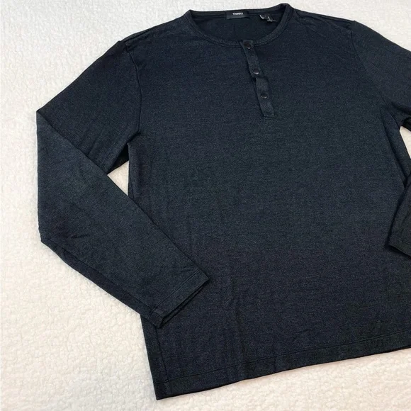THEORY • Dark Grey Snap-Button Henley Long Sleeve Shirt